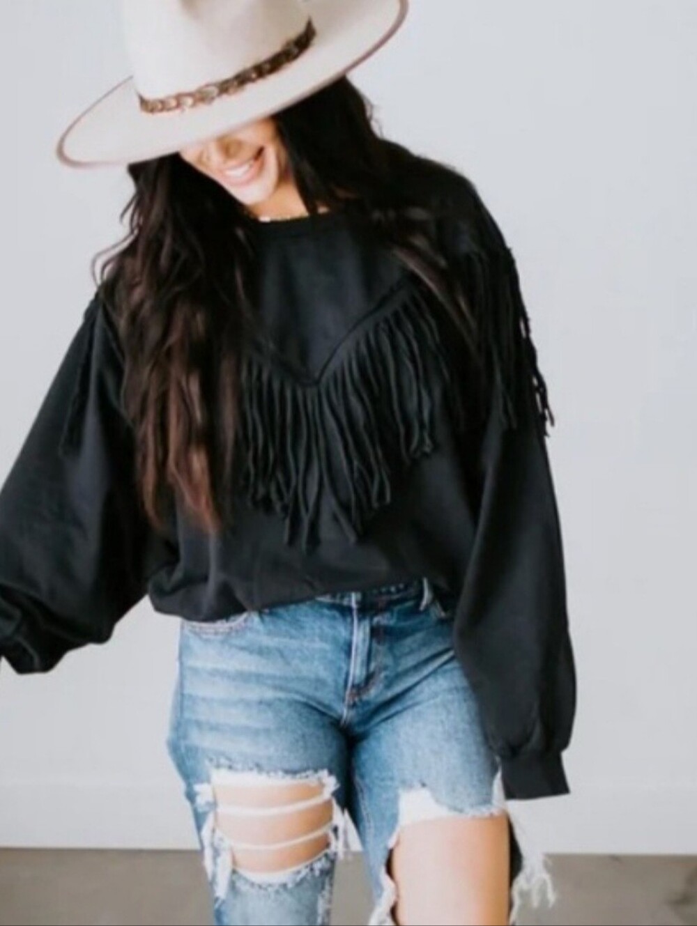 Fringe Detail Black Pullover Hoodie - Women's Sweatshirt Sz M
